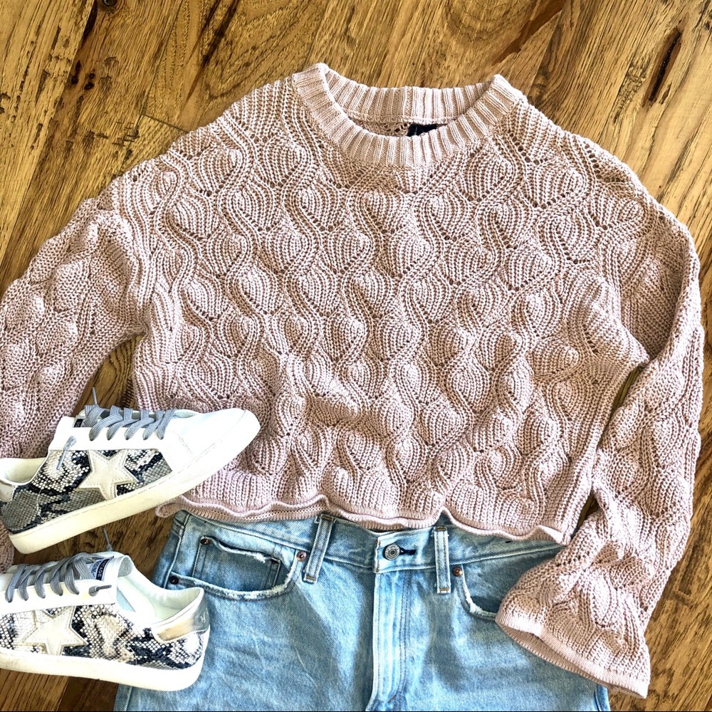 🎉HP🎉 Pink Crochet Crop Sweater Crew Neck Bell Sleeves